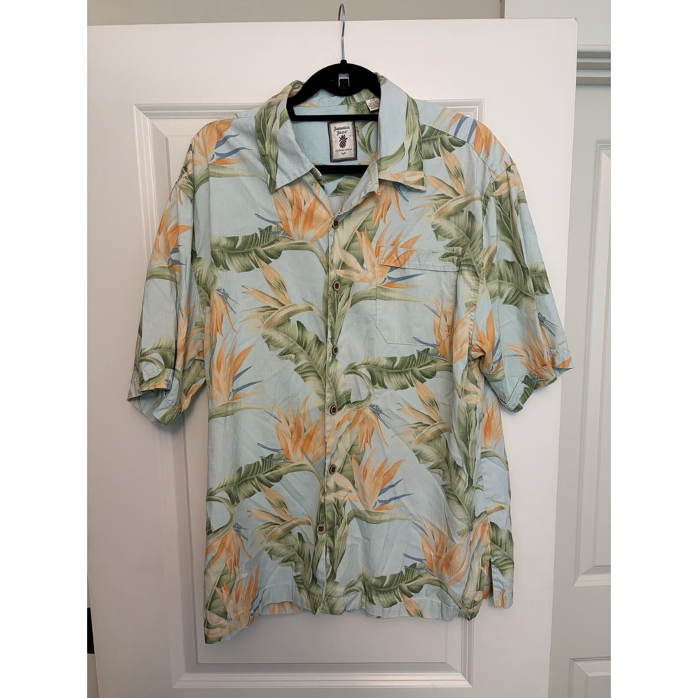 Jamaica Jaxx Mens SIZE L Blue Silk Shirt Hawaiian Floral Print Button Front